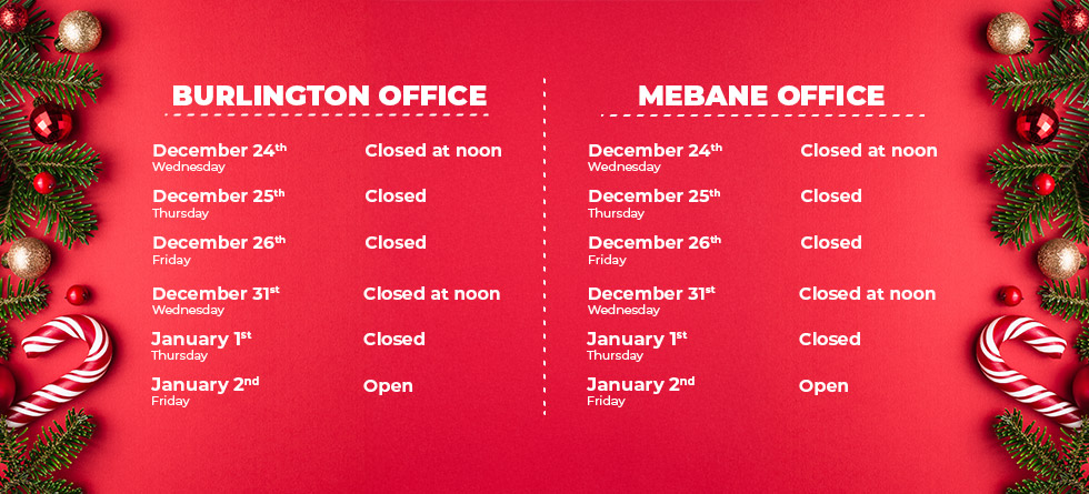 Holiday Closings Banner - Burlington and Mebane, NC